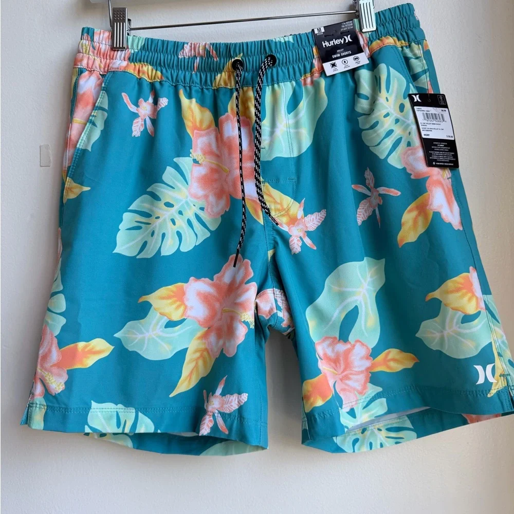 Hurley Men's Size M Volley Elastic Waist Hana Bay Green Swim Trunks Board Shorts